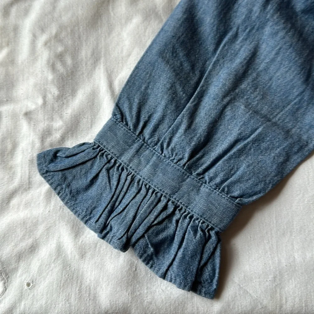 I Crew denim blouse with ruffled collar and sleeves. - Picture 2 of 5